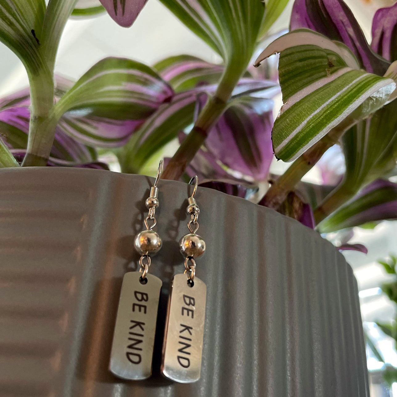Earrings - Be Kind Stamped Plate with Silver Bead
